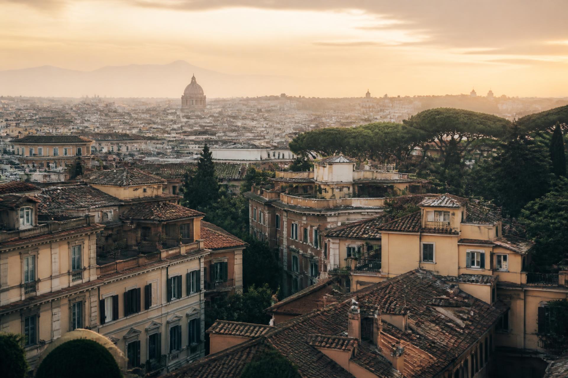 Tetti e palazzi di una citta italiana all'alba